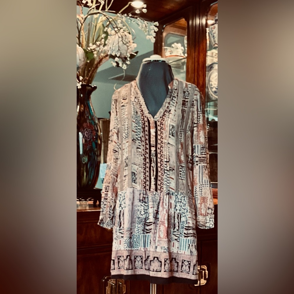 Anthropologie Boho Printed V-Neck Women's Dress in Cream and Rust